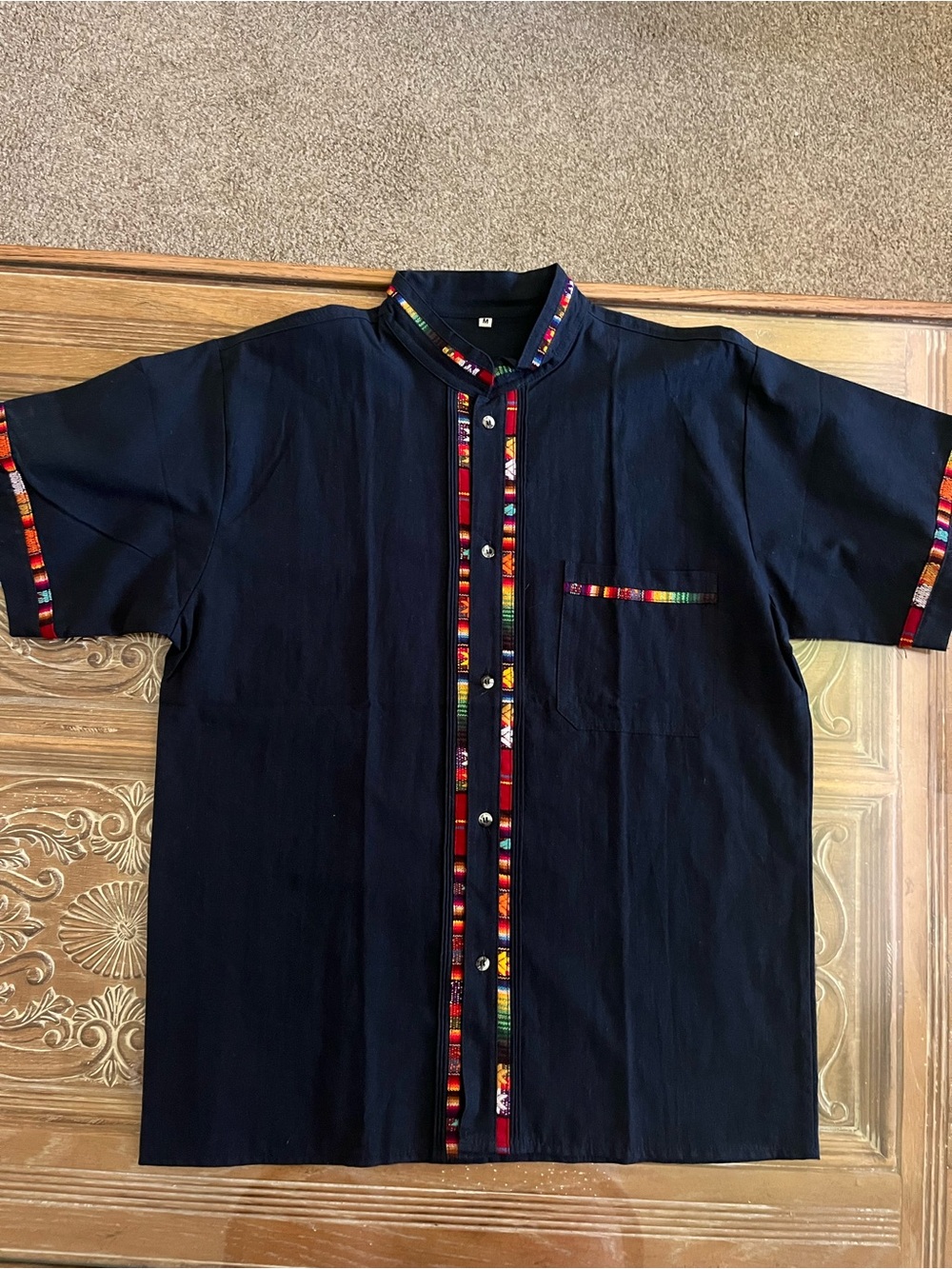 Men's Mexico Embroidered Navy Blue Short-Sleeve Button Up Shirt